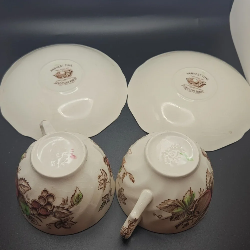 Vintage Johnson Bros Harvest Time England 2 Cup & Saucer Sets Fruit Crazing